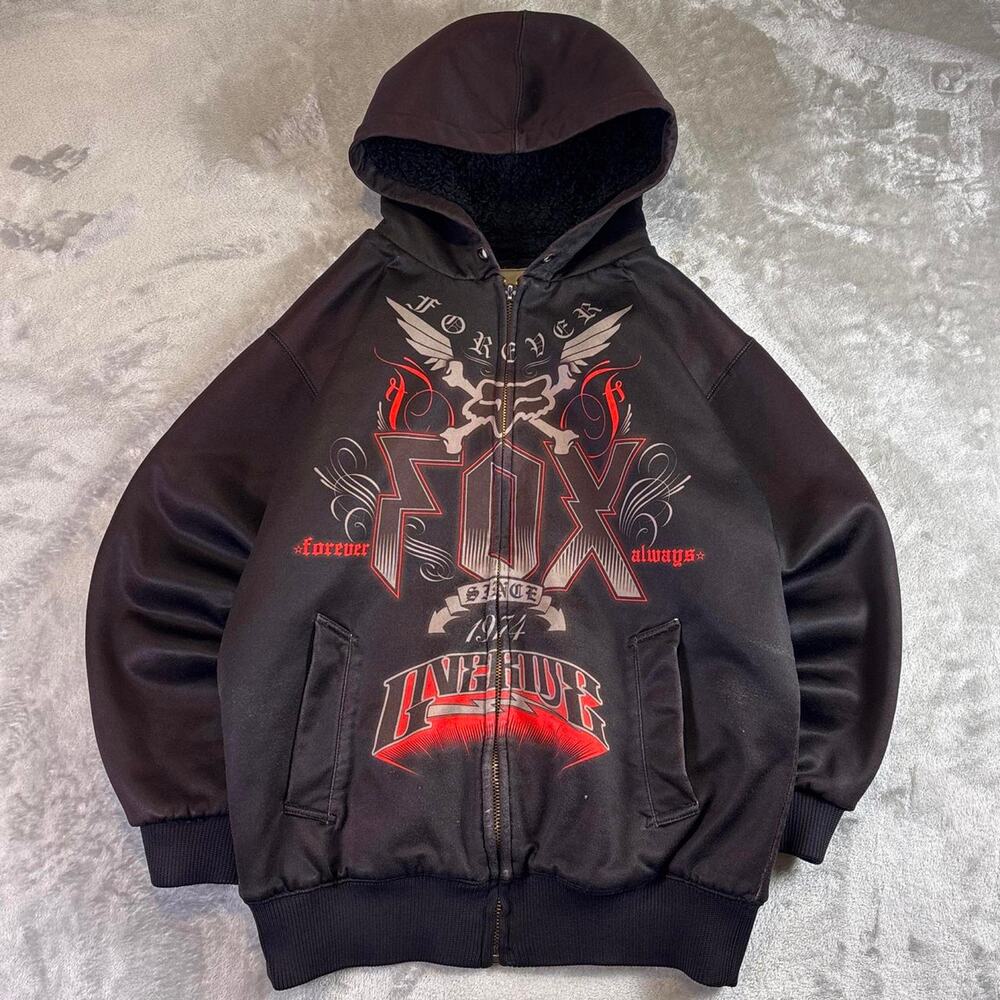 Y2K FOX Racing Zip Up Hoodie Mens Black Sherpa Lined Moto Streetwear Jacket